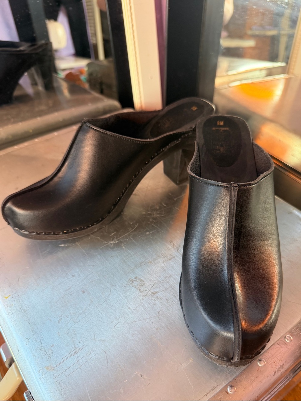 VTG Lascura Black Leather Platform Clog Mules High Heel Made in Italy